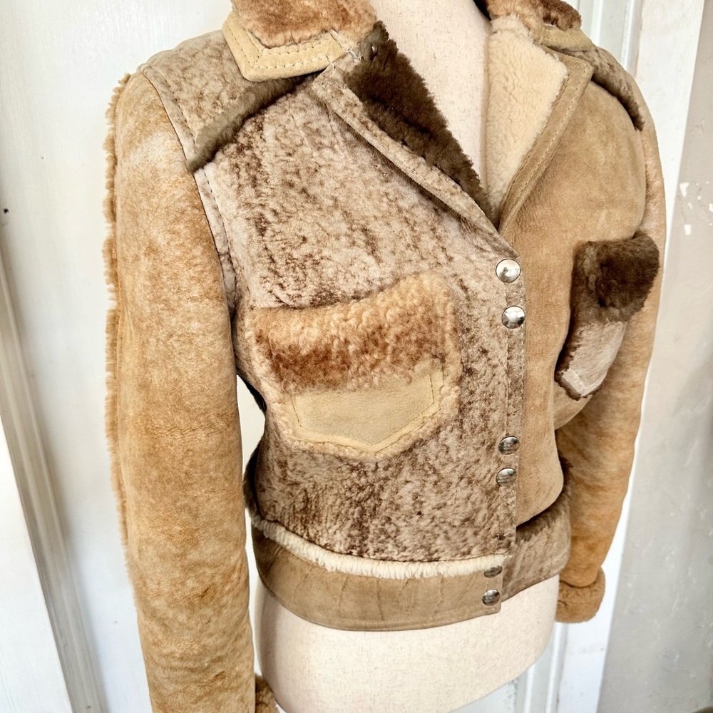Handmade One of a Kind Rare Patchwork Shearling Cropped Penny Lane Coat XS/S - Picture 2 of 9